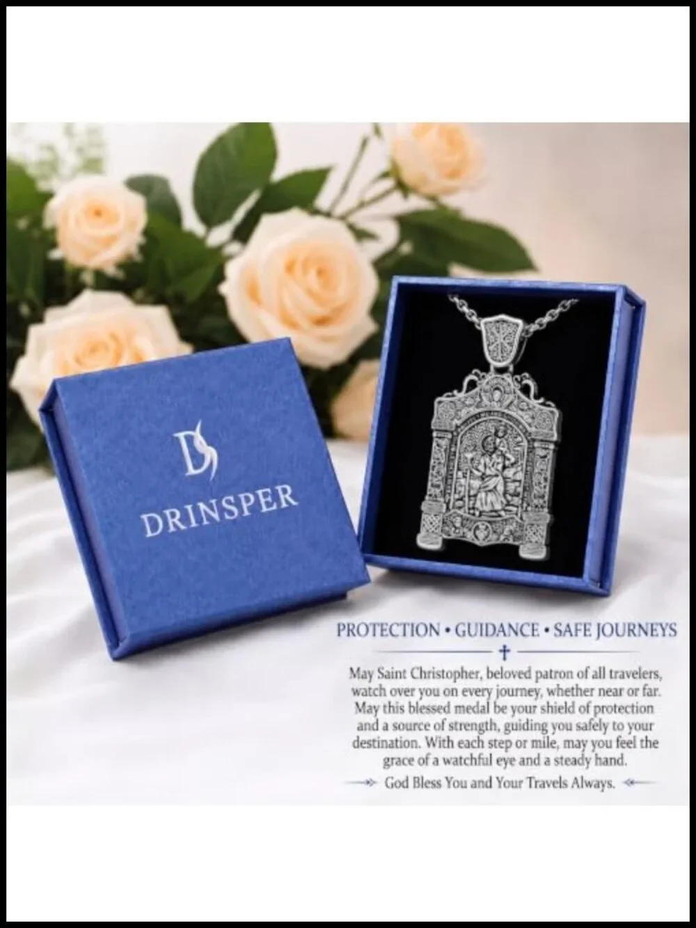 St Christopher Medal Necklace Patron Saint of Travelers Car Safety Silver